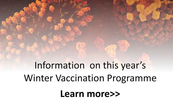 Image of a virus and the words Information on this year's Winter Vaccination Programme.  Learn more