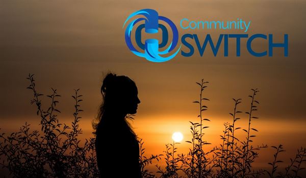 a silhouette of a woman against a sunset and the Community SWITCH logo