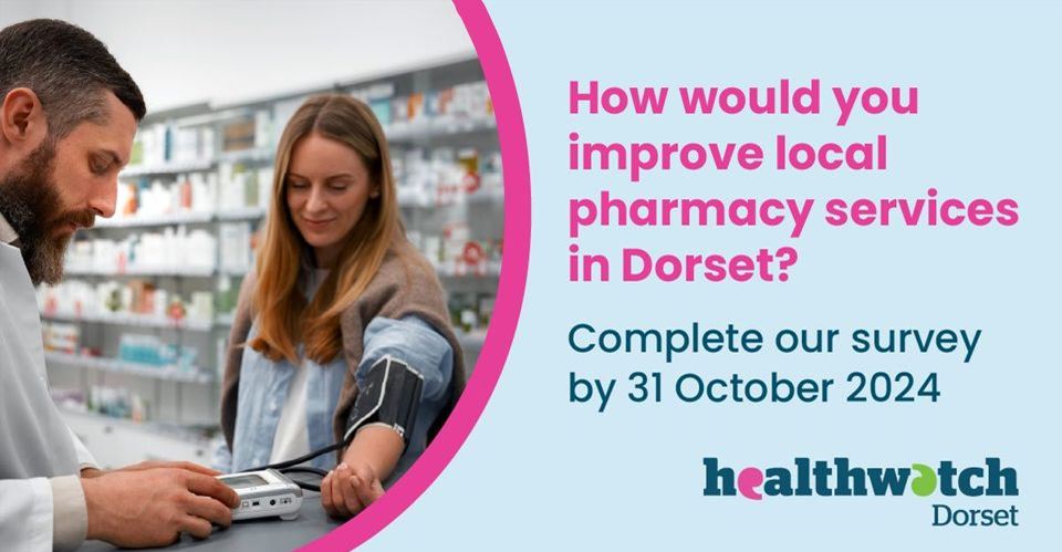 a pharmacist serving a customer and the words, How would you improve local pharmacy services in Dorset?  Complete our survey by 31 October and the Healthwatch Dorset logo. 