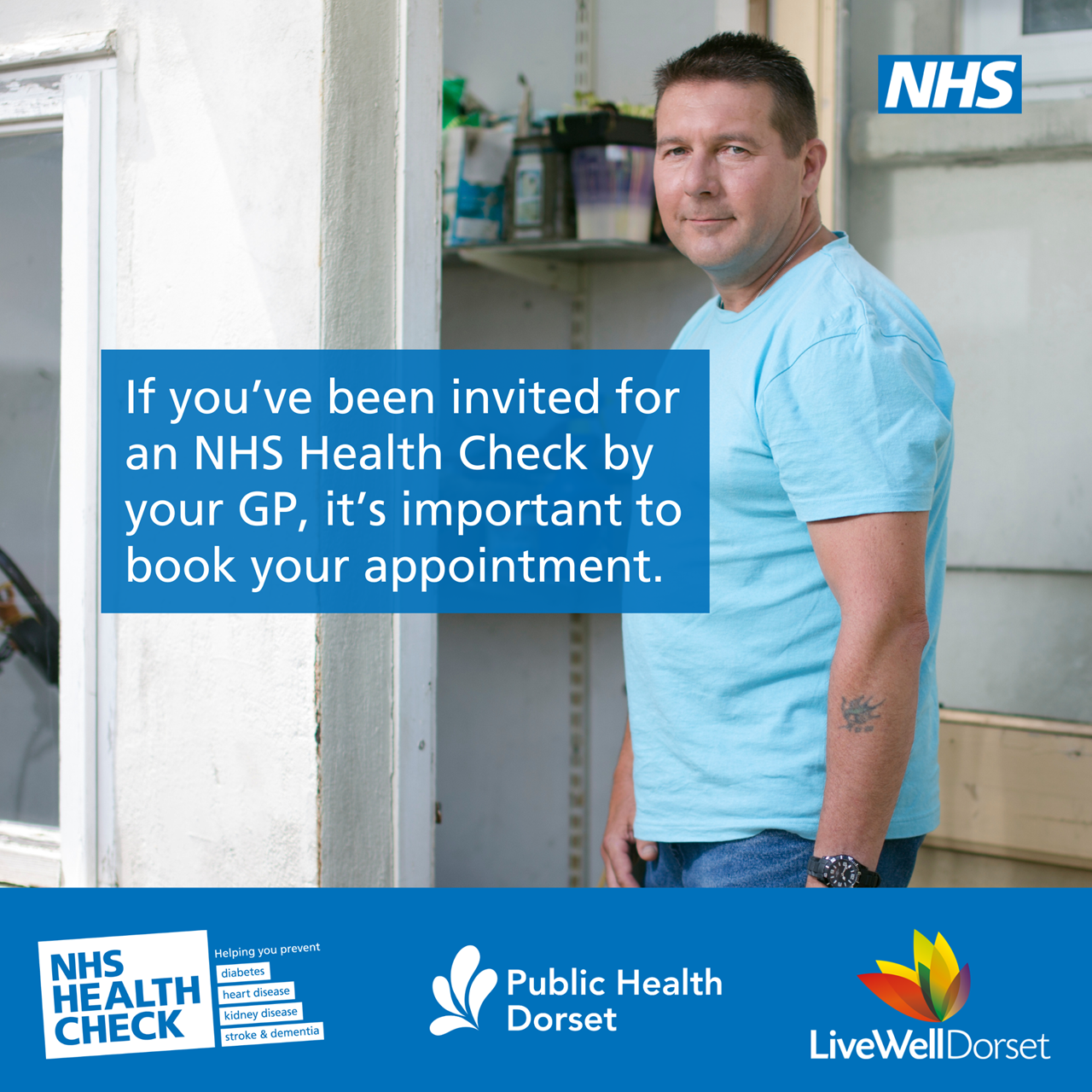 NHS logo, a man in his 40s and the words, if you've been invited for an NHS Health Checkby your GP, it's important to book your appointment. 